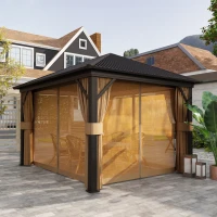 Outsunny 10' x 12' Outdoor Hardtop Gazebo Metal Roof Patio Gazebo with Aluminum Frame, Mesh Nettings, Brown(m-9)