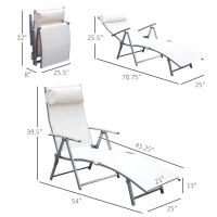 Outsunny Chaise Lounge Foldable Outdoor Chair, Portable, 7-Position Adjustable Reclining Tri-fold Chair for Camping, Sunbathing & Tanning at the Beach, Swimming Pool with Pillow, Cream White(m-3)