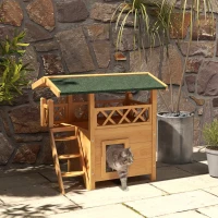 PawHut Outdoor Cat House, Wooden Kitten Condo, Natural(m-10)