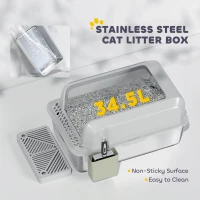 PawHut Stainless Steel Litter Box with Metal Scoop & Scoop Holder, High Sided, Anti-Urine Leakage, Non-Sticky(m-5)
