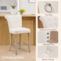 HOMCOM Bar Stools Set of 2, Upholstered Counter Height Stools with Button Tufted Back, Wood Legs and Footrest, Cream White(m-5)