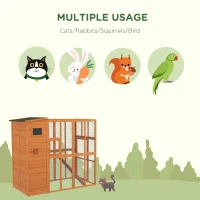PawHut 68.75" H Cat Cage Large Wooden Outdoor Cat House with Large Run for Play, Catio for Lounging, and Condo Area for Sleeping, Natural(m-5)