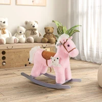 Qaba Kids Plush Ride-On Rocking Horse with Bear Toy, Children Chair with Soft Plush Toy & Fun Realistic Sounds, Pink(m-2)