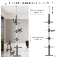PawHut 102" Adjustable Height Floor to Ceiling Cat Tree, 5 Level Cat Tower with Scratching Posts, Hammock, Gray(m-5)