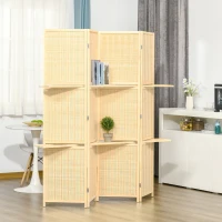 HOMCOM 4-Panel Folding Room Divider, 6 Ft Freestanding Bamboo Privacy Screen Panel with Storage Shelves for Bedroom or Office, Natural Wood Color(m-10)