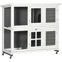 PawHut 2 Tier Wooden Rabbit Hutch with Wheels, Waterproof Roof, Removable Tray for Outdoor & Indoor, Dark Grey(m-11)