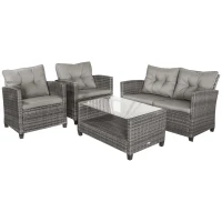Outsunny 4 Pieces Patio Furniture Sets with Cushions, PE Rattan Wicker Conversation Chairs with Two-Tier Coffee Table for Backyard Porch Garden Poolside and Deck, Gray(m-1)