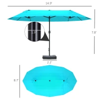 Outsunny Patio Umbrella, 15' Steel Rectangular Outdoor Double Sided Market Umbrella with Base, Sun Protection & Easy Crank, Blue(m-3)