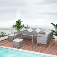 Outsunny 5 Piece Patio Furniture Set, Outdoor Dining Table Set with L-Shaped Sectional Sofa, 2 Ottomans, Outside Conversation Set with Cushions, Throw Pillows, Beige(m-2)