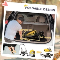 PawHut 4 Wheels Pet Stroller, 3 in 1 Dog Cat Travel Folding Carrier, for Small Dogs, Detachable, w/ Brake, Canopy, Basket, Storage Bag - Yellow(m-6)