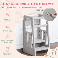 Qaba Toddler Tower with Adjustable Height, Toddler Kitchen Stool Helper with Anti-slip Mat, Step Stool for Kitchen, Bathroom, Gray(m-7)