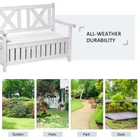 Outsunny Wooden Outdoor Storage Bench 2-Person Patio Bench with Louvered Side Panels and X-Shape Back for Garden, Patio, White(m-7)