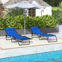 Outsunny 2 Folding Chaise Lounge Pool Chairs with 4-Position Reclining Back, Pillow, Breathable Mesh & Bungee Seat, Blue(m-7)