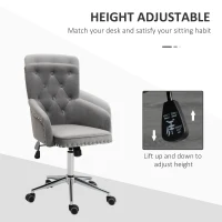 HOMCOM Modern Mid-back Desk Chair with Button Tufted Velvet Back, Nailhead Trim, Swivel Home Office Chair with Adjustable Height, Curved Padded Armrests, Gray(m-4)