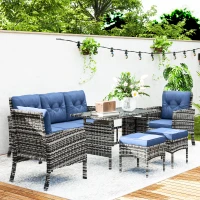 Outsunny 6 Piece Patio Furniture Set with Patio Chairs, Ottomans, Sofa, Glass Top Table and Cushions, Wicker Rattan Outdoor Furniture Set for Backyard, Porch, Navy Blue(m-9)