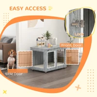 PawHut Pet Crate Side End Table for Indoor Use with Cushion, Double Doors, Grey(m-6)