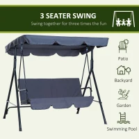 Outsunny 3-Seat Outdoor Patio Swing Chair with Removable Cushion, Steel Frame Stand and Adjustable Tilt Canopy for Patio, Garden, Poolside, Balcony, Backyard, Gray(m-7)