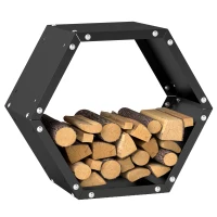 Outsunny Hexagon Firewood Log Rack Heavy-Duty Steel Log Holder for Outdoor Indoor Use, 25.6" x 14.6" x 22.4", Black(m-11)