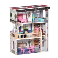 Qaba 13 PCS Kids 3-Story Dollhouse, Dreamhouse Villa, for Toddler, Little Girls, Multi-level House, with Elevator, Furniture Accessories Kit, for 3-6 Years Old, Pink(m-2)
