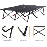 Outsunny 76" Two Person Folding Camping Cot Outdoor Portable Double Cot Wide Military Sleeping Bed w/ Carrying Bag Black(m-5)
