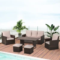 Outsunny Patio Dining Set, PE Rattan Furniture w/ 2 Chairs, Cushions & 3-Seat Sofa, Woodgrain Slatted Dinner Table, Beige(m-2)