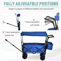 Outsunny Collapsible Folding Garden Utility Cart Wagon with Adjustable Push/Pull Handle, Canopy & All-Terrain Wheels, Blue(m-5)