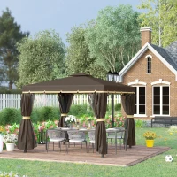 Outsunny 10' x 10' Patio Gazebo, Aluminum Frame Double Roof Outdoor Gazebo Canopy Shelter with Netting & Curtains, for Garden, Lawn, Backyard and Deck, Coffee(m-10)