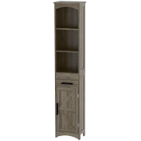 HOMCOM Farmhouse Tall Slim Bathroom Storage Cabinet with Recessed Drawer, Narrow Cabinet with Barn Door, Weathered Gray Oak