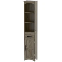 HOMCOM Farmhouse Tall Slim Bathroom Storage Cabinet with Recessed Drawer, Narrow Cabinet with Barn Door, Weathered Gray Oak(m-1)