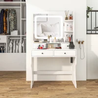 HOMCOM Dressing Table with Lighted Mirror, Vanity Table with Charging Station, USB Ports, Drawers, Storage Shelves, White(m-9)