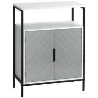 HOMCOM Storage Cabinet with Open Shelf and Double Door Cupboard, Accent Cabinet with Herringbone Panel and Steel Frame, Gray(m-1)