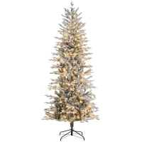 HOMCOM 7.5' Pre Lit Artificial Flocked Christmas Trees, with Snow Branches, Warm Yellow Clear Lights, Auto Open, Extra Bulb(m-11)