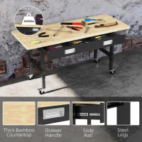 HOMCOM 59" Work Bench with Drawer, Height Adjustable Legs, Bamboo Tabletop Workstation Tool Table on Wheels for Garage, Weight Capacity 1320 Lbs, Black/Natural(m-6)