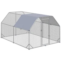 PawHut Chicken Run, Galvanized Large Metal Chicken Coop Cage, Walk-in Enclosure Poultry Hen Run House Playpen Rabbit Hutch with Flat Roof, Cover, 9.2' x 12.5' x 6.5', Silver(m-2)