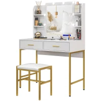 HOMCOM Makeup Vanity Table Set with Lighted Mirror, Stool, Drawers, Shelves, 2 Lighting Modes, Dressing Table, White(m-2)