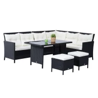 Outsunny 6pcs Outdoor Rattan Sofa Set Garden Wicker Sectional Couch Furniture Set with Dining Table and Chair White(m-13)