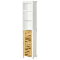 kleankin Tall Bathroom Storage Cabinet, Free Standing Bathroom Cabinet Slim Side Organizer with 3 Shelves and Bamboo Cabinet, White/Natural(m-11)