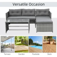 Outsunny 3 Piece Patio Furniture Set, Rattan Outdoor Sofa Set with Chaise Lounge & Loveseat, Soft Cushions, Tempered Glass Table, L-Shaped Sectional Couch, Charcoal(m-4)