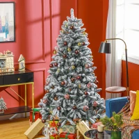HOMCOM 7 Foot Artificial Flocked Christmas Tree with Snow, Metal Stand, Hinged Xmas Tree for Home Office Holiday(m-9)