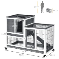 PawHut Wooden Rabbit Hutch, Indoor Bunny Cage with Wheels, Pull Out Trays, Run, Grey(m-3)