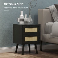HOMCOM Boho Nightstands Set of 2, Bedside Tables with 2 Drawers for Living Room, Bedroom, Black(m-7)