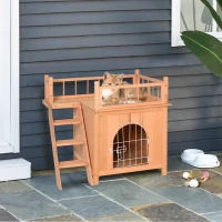 PawHut 2-Story Pet House for Cats Miniature Sized Dogs, Wooden Kitten Shelter with Enclosure, Balcony, Lockable Gate, Stairs, Natural(m-1)