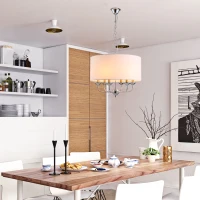 HOMCOM 6-Light Modern Chandelier Candle Pendant Light, Drum Fabric Lampshade for Dining Room, Bedroom, Kitchen, Living Room with Hanging Light Fixture, White(m-10)