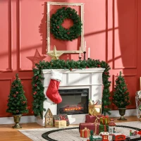 HOMCOM Prelit Holiday Christmas 4-Piece Set, Garland Wreath and Set of 2 Entrance Trees with Warm White LED Lights, Red Berries, Pine Cones, Green(m-8)