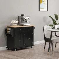 HOMCOM Rolling Kitchen Island with Rubber Wood Top and Storage, Spice Rack, Towel Rack, Black(m-15)