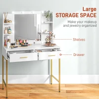HOMCOM Makeup Vanity Table Set with Lighted Mirror, Stool, Drawers, Shelves, 2 Lighting Modes, Dressing Table, White(m-5)