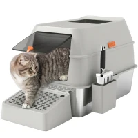 PawHut Stainless Steel Cat Litter Box with Lid, High Sided, Scoop, Easy Clean, Non-Sticky & Anti-Leakage, Light Grey(m-11)