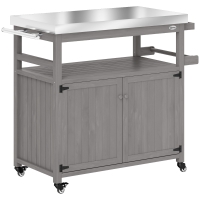 Outsunny Outdoor Grill Cart w/ Stainless Steel Top, Solid Wood Outdoor Kitchen Island w/ Wheels, Storage Cabinets, Gray