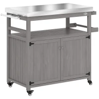 Outsunny Outdoor Grill Cart w/ Stainless Steel Top, Solid Wood Outdoor Kitchen Island w/ Wheels, Storage Cabinets, Gray(m-1)