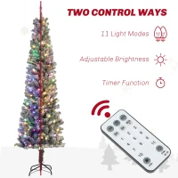 HOMCOM 7.5ft Prelit Pencil Artificial Christmas Tree, Flocked Xmas Tree with Remote, Dual Colour LEDs, 519 Tips, Metal Stand(m-5)